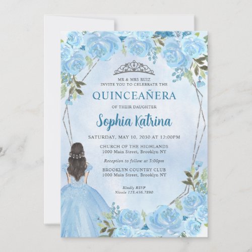 Cute Dusty Blue Silver Floral Princess Quinceaera Invitation