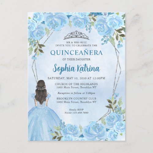 Cute Dusty Blue Silver Floral Princess Quinceaera Postcard