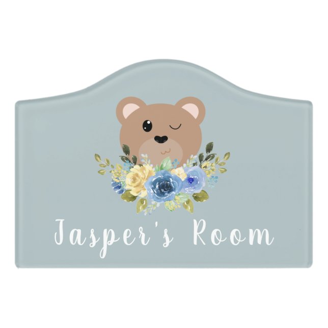 Cute Dusty Blue Teddy Bear & Name Kids Door Sign (Small Crest Front)