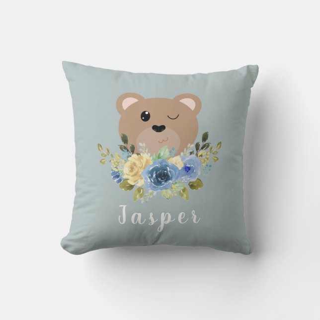 Cute Dusty Blue Teddy Bear Name Kids Throw Pillow (Front)