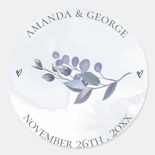 Cute Dusty Blue Watercolor Floral Wedding Classic Round Sticker