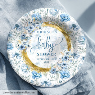 Cute dusty blue watercolor flower gold baby shower paper plates