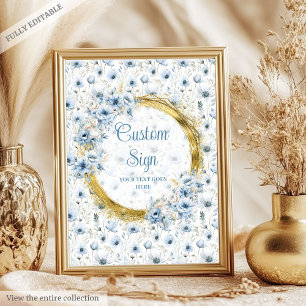Cute dusty blue watercolor flowers gold custom poster