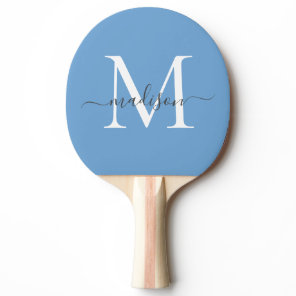 Cute Dusty Blue White Monogram Elegant Script Name Ping Pong Paddle