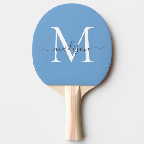 Cute Dusty Blue White Monogram Elegant Script Name Ping Pong Paddle