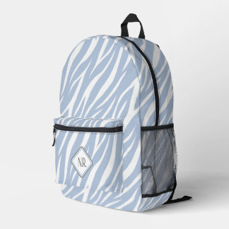 Cute Dusty Blue White Pattern Zebra Print Monogram Printed Backpack