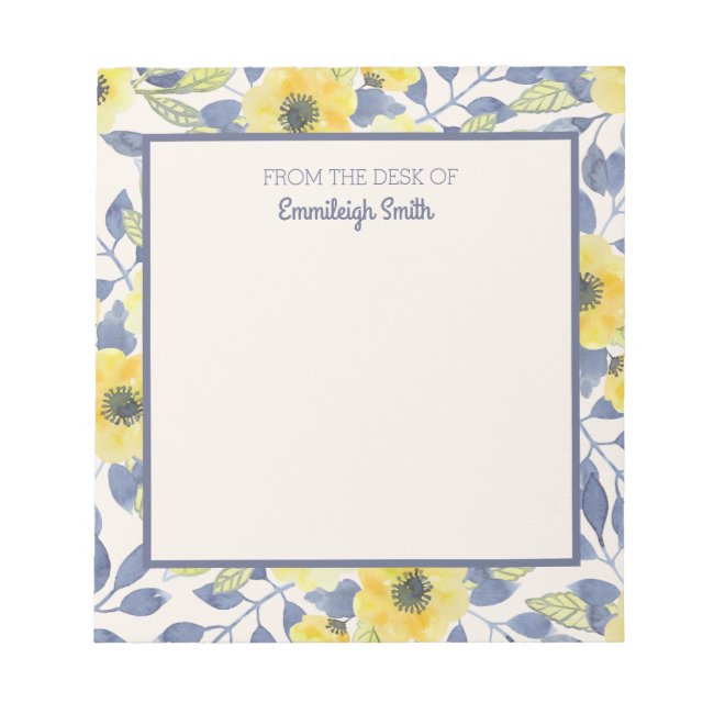 Cute Dusty Blue Yellow Flowers Cream From Desk of Notepad