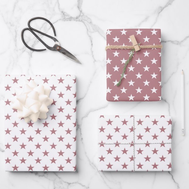 Cute Dusty Pink Stars Christmas Wrapping Paper Sheets (Front)