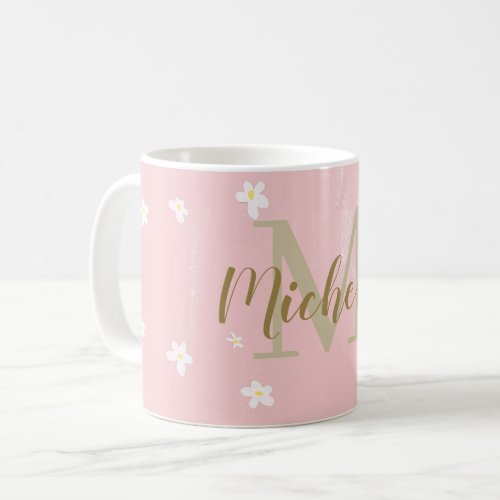 Cute Dusty Pink Sweet Daisies Girly Monogrammed Coffee Mug