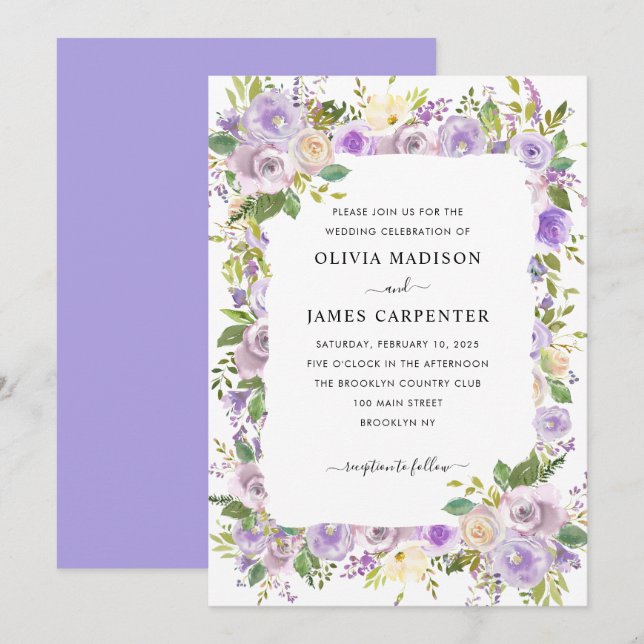 Cute Dusty Purple Lavender Greenery Floral Wedding Invitation (Front/Back)