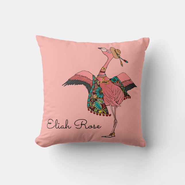 Cute Dusty Rose Pink Bohemian Flamingo & Name Throw Pillow (Front)
