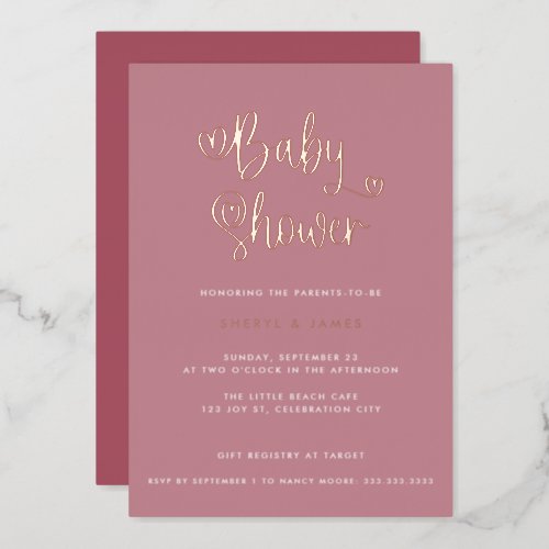 Cute Dusty Rose Pink Girl Heart Script Baby Shower Foil Invitation