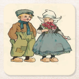 Cute Dutch Children Square Paper Coaster