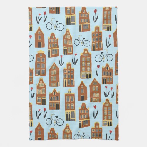 Cute Dutch Houses Amsterdam City Pattern Kitchen Towel