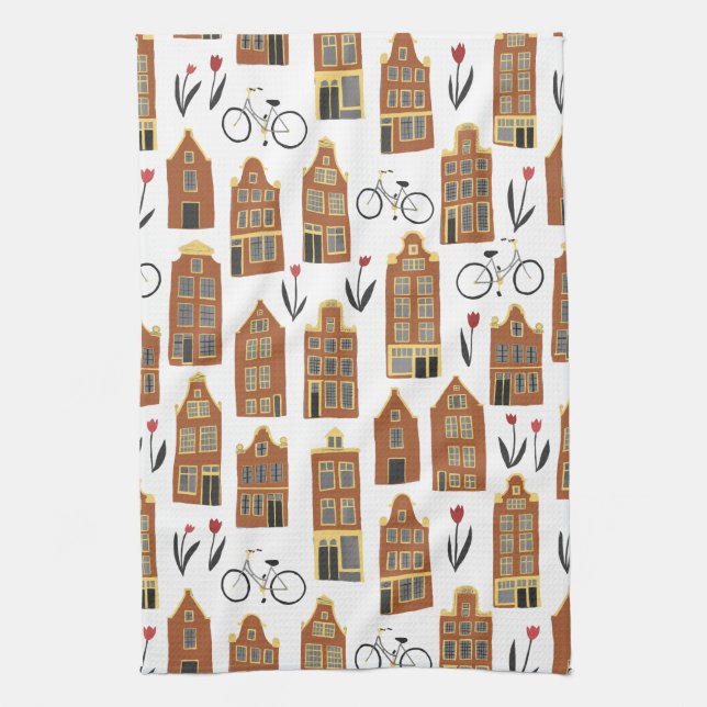 Cute Dutch Houses Amsterdam City Pattern Kitchen Towel (Vertical)