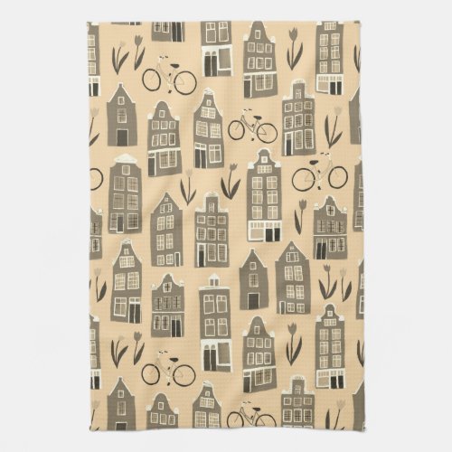 Cute Dutch Houses Amsterdam City Pattern Kitchen Towel