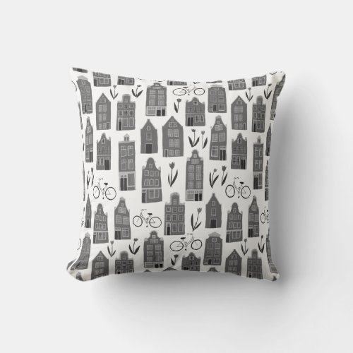 Cute Dutch Houses _ Amsterdam pattern black white Throw Pillow