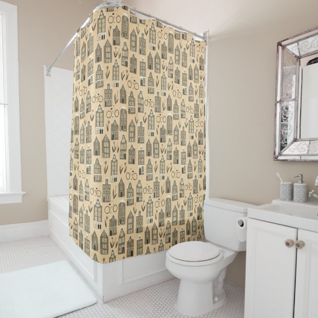 Cute Dutch Houses - Amsterdam pattern sepia Shower Curtain (In Situ)
