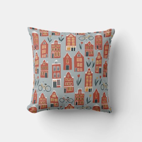 Cute Dutch Houses _ Amsterdam pattern Throw Pillow