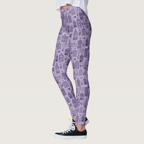 Cute Dutch Houses Amsterdam Tulips Bikes Pattern Leggings