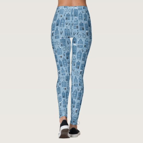 Cute Dutch Houses Amsterdam Tulips Bikes Pattern Leggings