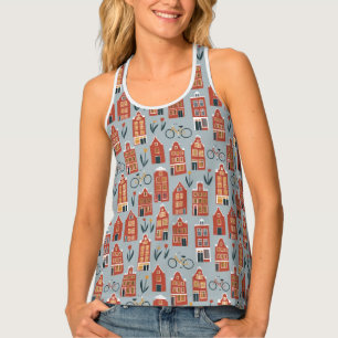 Cute Dutch Houses Amsterdam Tulips Bikes Pattern Tank Top