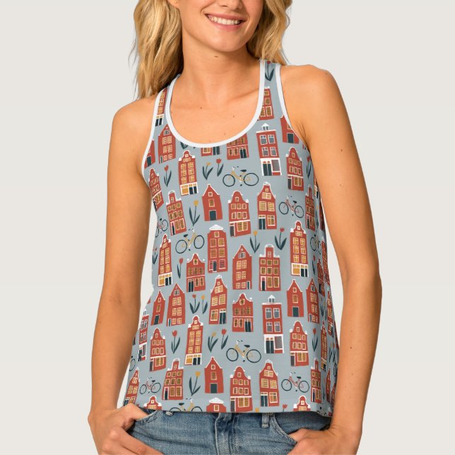 Cute Dutch Houses Amsterdam Tulips Bikes Pattern Tank Top (Front)