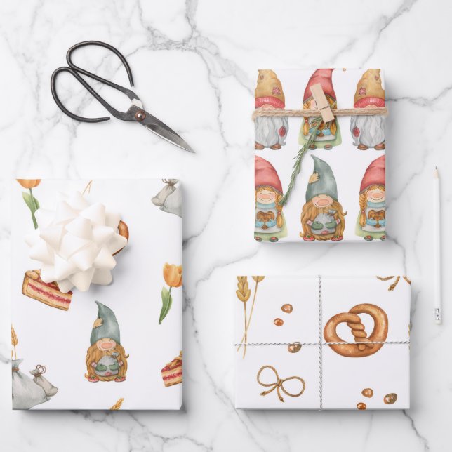 Cute Dwarfs Gnomes Christmas Baking Holiday Wrapping Paper Sheets (Front)