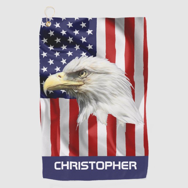 Cute Eagle, The American Flag, Patriotic Golf Towel (Front)