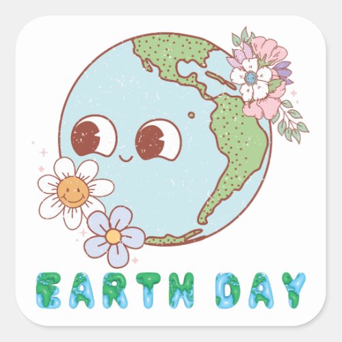 Cute Earth with Flowers Happy Earth Day Floral Square Sticker