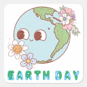 Cute Earth with Flowers Happy Earth Day Floral Square Sticker