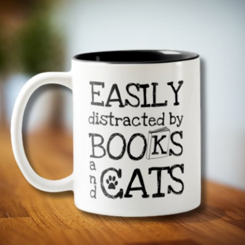 Cute Easily Distracted by Books and Cats Two_Tone Coffee Mug