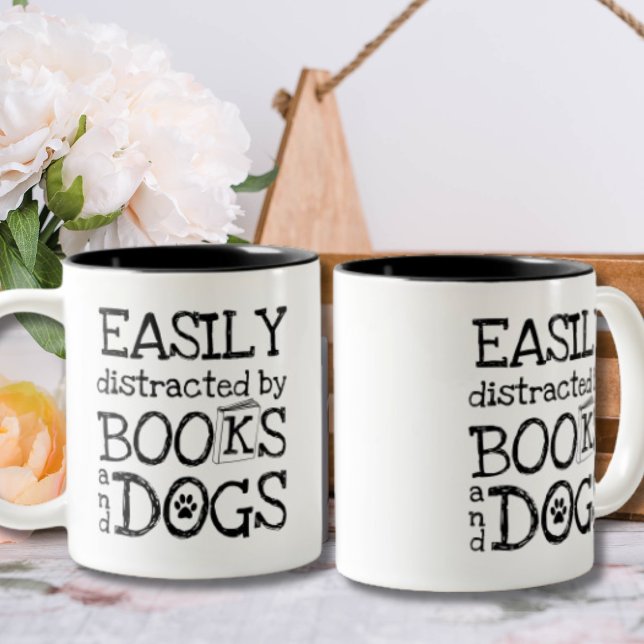 Cute Easily Distracted by Books and Dogs Two-Tone Coffee Mug (Creator Uploaded)
