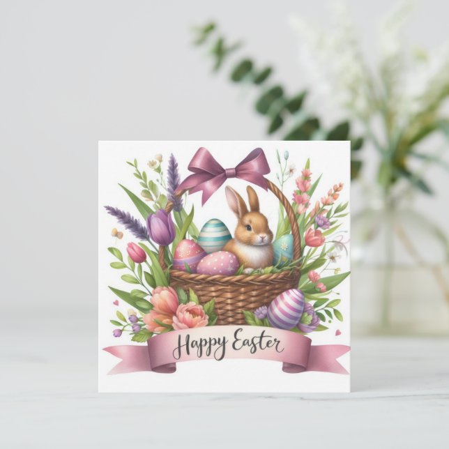 Cute Easter Basket Bunny Floral Illustration  Holiday Card (Standing Front)
