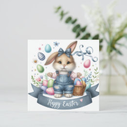 Cute Easter Basket Bunny Overalls Illustration Holiday Card