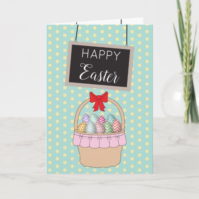 Cute Easter Basket & Pastel Easter Eggs Holiday Card (Front)