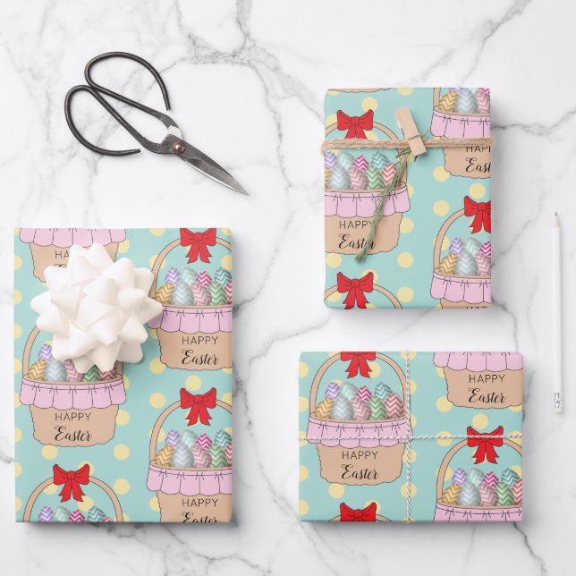 Cute Easter Basket & Pastel Easter Eggs Wrapping Paper Sheets (Front)