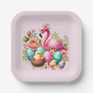 Cute Easter beach pink flamingo party Paper Plates
