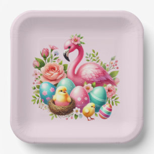 Cute Easter beach pink flamingo party Paper Plates
