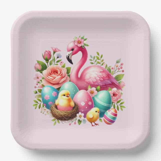 Cute Easter beach pink flamingo party Paper Plates (Front)