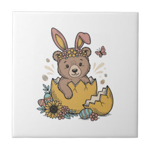 Cute Easter Bear in Cracked Egg Vintage Vector_1 Ceramic Tile
