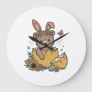 Cute Easter Bear in Cracked Egg Vintage Vector_1 Large Clock