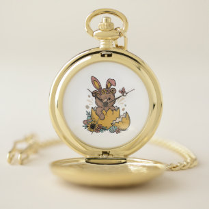 Cute Easter Bear in Cracked Egg Vintage Vector_1 Pocket Watch