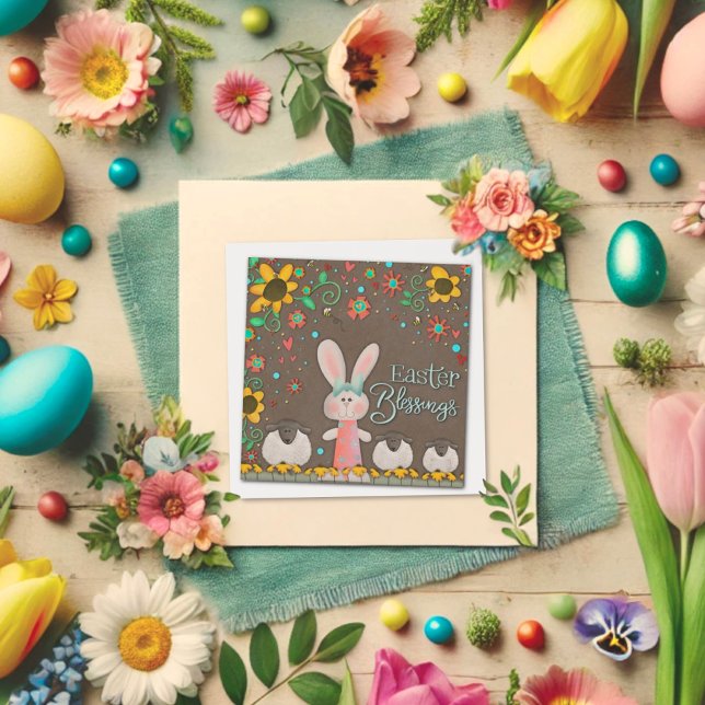 Cute Easter Blessings Bunny Rabbit Floral  Note Card (Creator Uploaded)