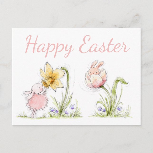 Cute Easter Bunnies and Daffodil Art Postcard (Front)