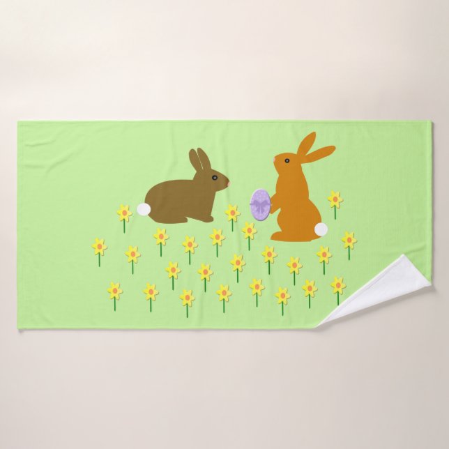Cute Easter Bunnies and Daffodils Bath Towel (Bath Towel)
