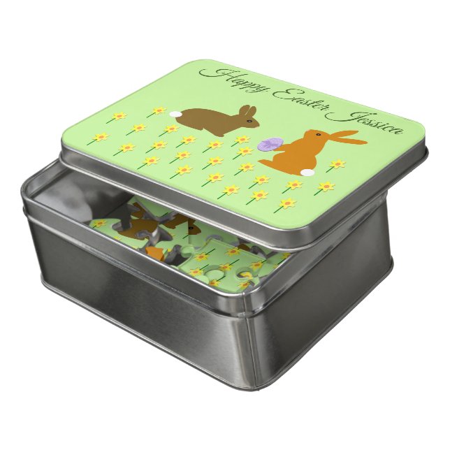 Cute Easter Bunnies and Daffodils Custom Jigsaw Puzzle (Lid Open)