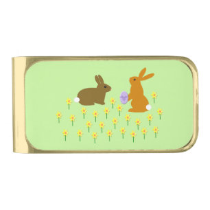 Cute Easter Bunnies and Daffodils Gold Finish Mone Money Clip