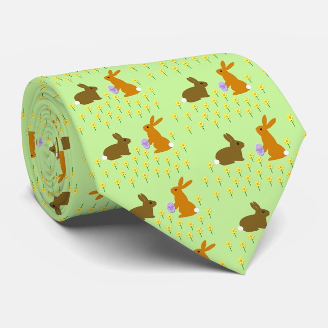 Cute Easter Bunnies and Daffodils Neck Tie (Rolled)
