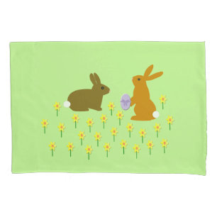 Cute Easter Bunnies and Daffodils Pillow Case